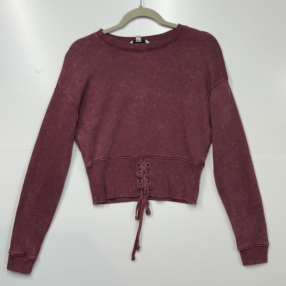 American Eagle Womens Burgundy Acid Wash Lace Up Corset Cropped Sweatshirt Small